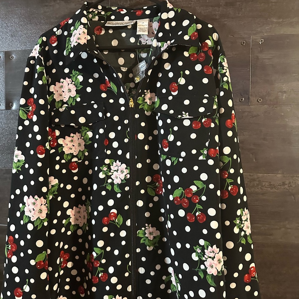 Black and White Utility Jacket with Cherry Print